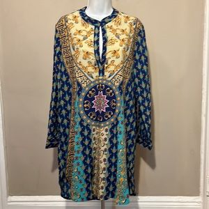 FUTURINO Pull Over Roll Tab Sleeves Bohemian Print Tunic Shirt Dress M